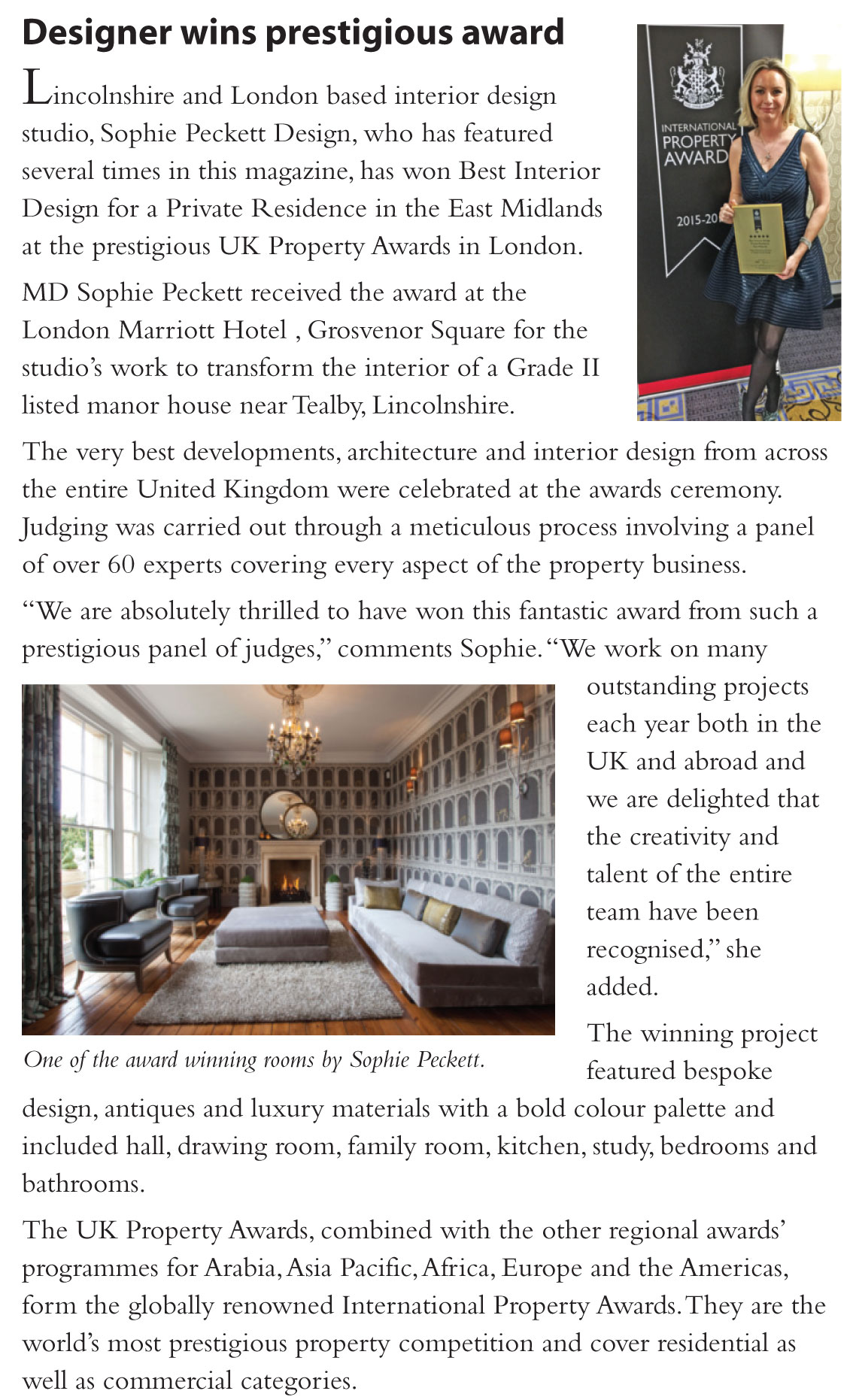 Sophie Peckett, Winner at UK Property Awards in London 2015